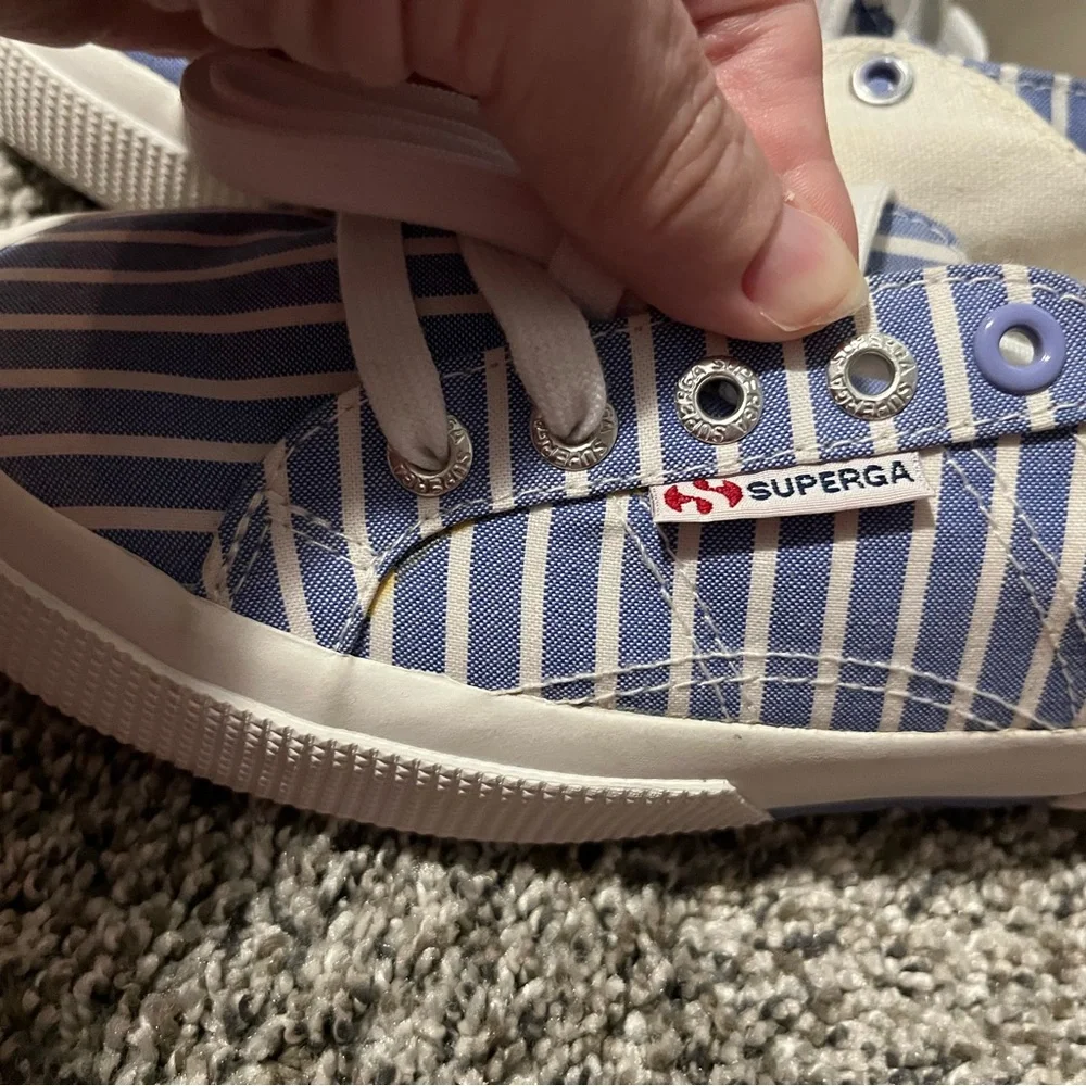 Superga Striped Canvas Sneakers in Blue and White - Picture 2 of 9